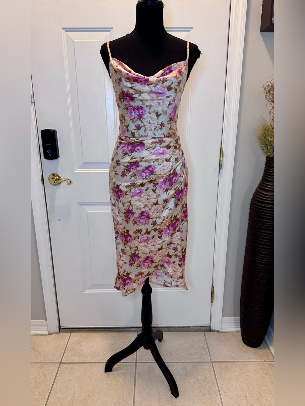 Floral Cowl Neck Slip Dress in Pink and Cream
